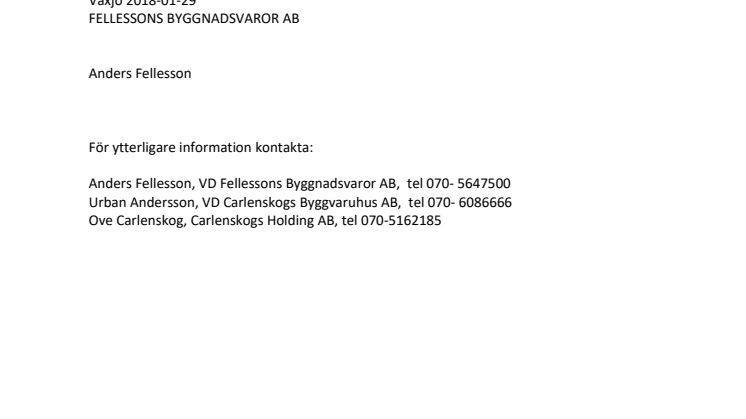 Fellessons i Växjö förvärvar Carlenskogs Byggvaruhus i Vimmerby