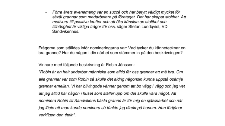 Vi presenterar Sandvikens bästa granne 2015!