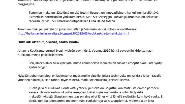 Hellan ja viinilasin välissä -blogi menestyi Nestlén kilpailussa