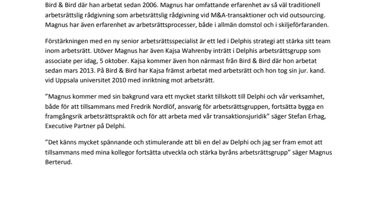 Delphi stärker sitt team inom arbetsrätt  