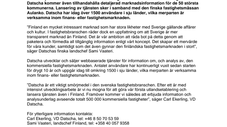 Datscha expanderar till Finland - erbjuder information om samtliga 140 000 kommersiella fastigheter