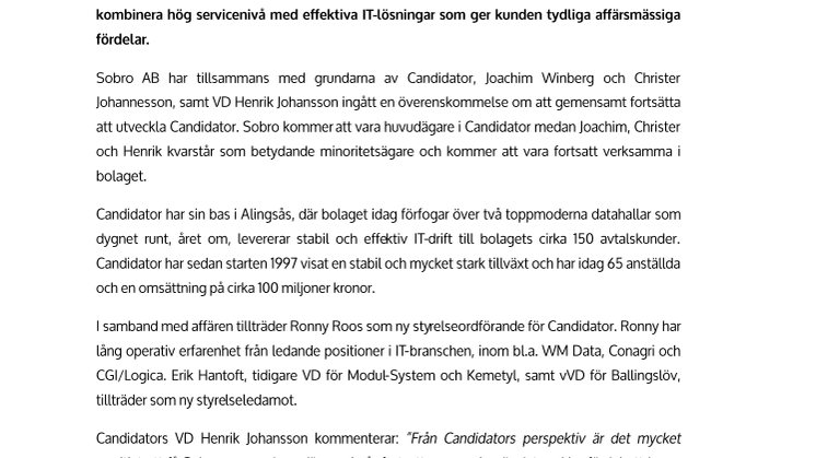 IMAP rådgivare då Sobro investerar i IT-leverantören Candidator AB i Alingsås
