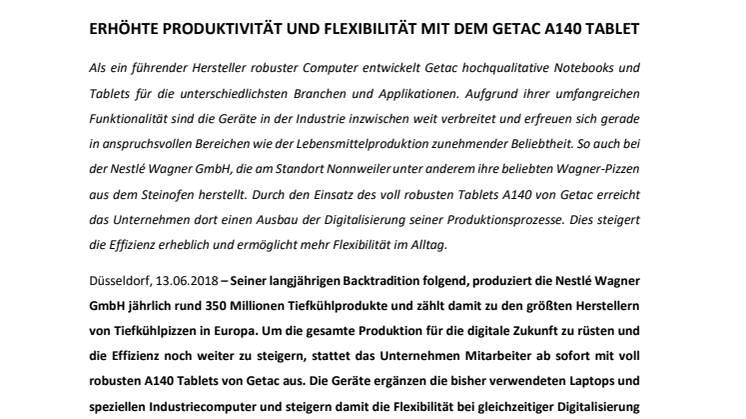 ​INDUSTRIE 4.0 - DIGITALE PROZESSE IN DER LEBENSMITTELINDUSTRIE: NESTLÉ WAGNER VERTRAUT AUF VOLL ROBUSTE COMPUTERLÖSUNGEN VON GETAC
