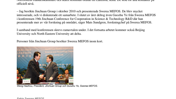 Avtal med Jinchuan Group, Kina