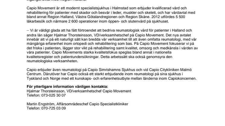 Capio Movement får förtroendet att bedriva reumatologi i Region Halland