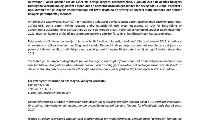 Idogen stärker sin position i USA – viktig patentansökan får Notice of allowance 