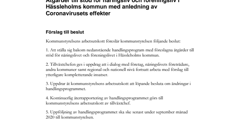 Ärende_Åtgärder till stöd för näringsliv och föreningsliv i Hässleholms kommun med anledning av Coronavirusets effekter 