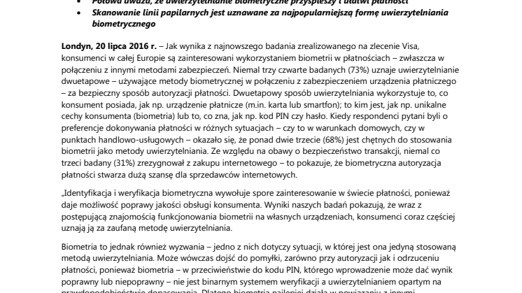 Europejscy konsumenci gotowi do korzystania z biometrii przy uwierzytelnianiu płatności	