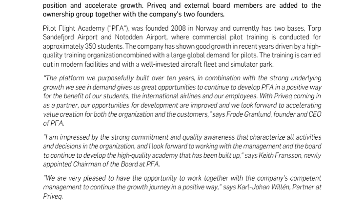 Pilot Flight Academy brings in Priveq as growth partner 