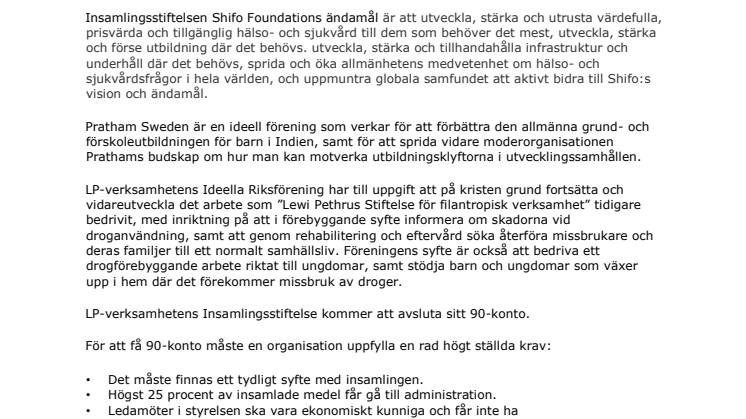 Tre nya insamlingsorganisationer har beviljats 90-konto 
