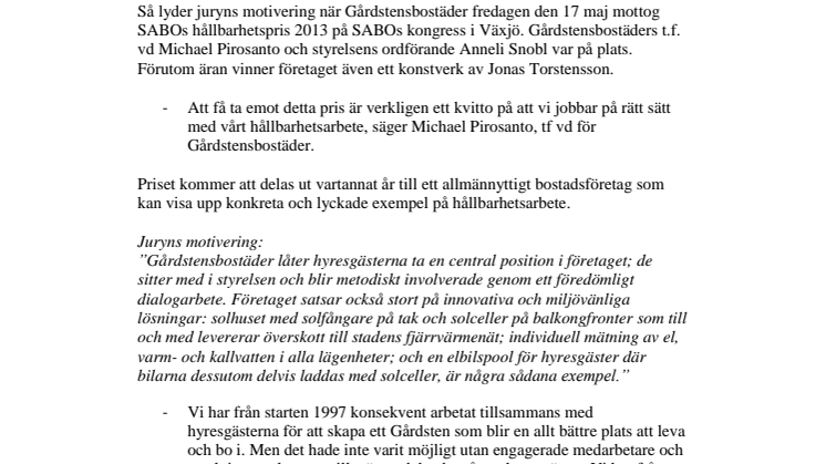 Gårdstensbostäder vann SABOs Hållbarhetspris 2013