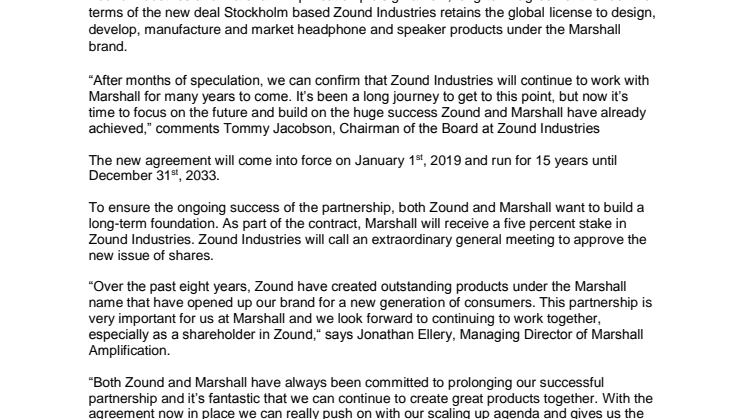 Zound Industries and Marshall sign new agreement
