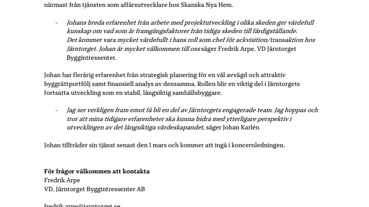Järntorget rekryterar Johan Karlén som chef för ackvisition/transaktion