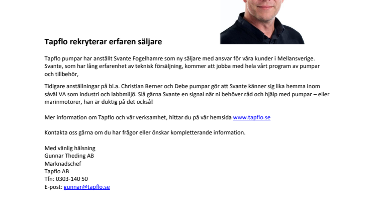Tapflo rekryterar erfaren säljare