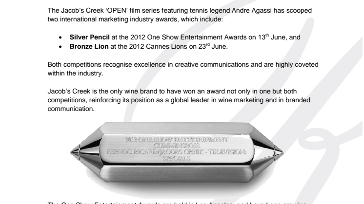 JACOB’S CREEK THE ONLY WINE BRAND AWARDED AT ONE SHOW AND CANNES LIONS