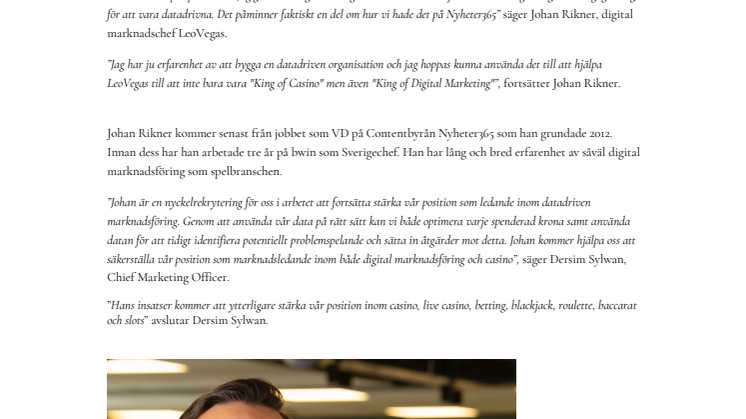 Johan Rikner ny digital marknadschef på LeoVegas