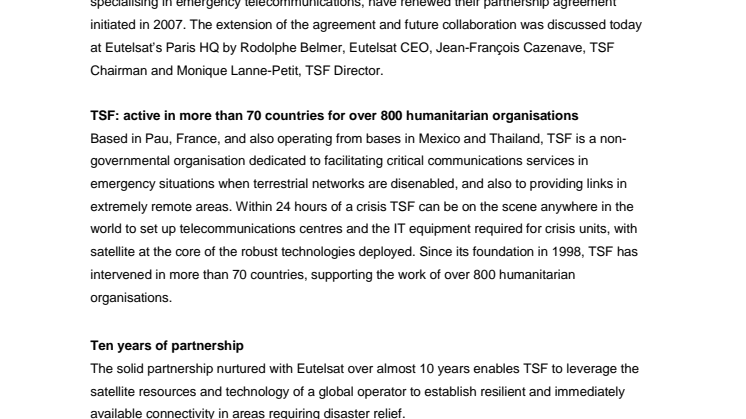 Eutelsat renews its commitment to Télécoms Sans Frontières