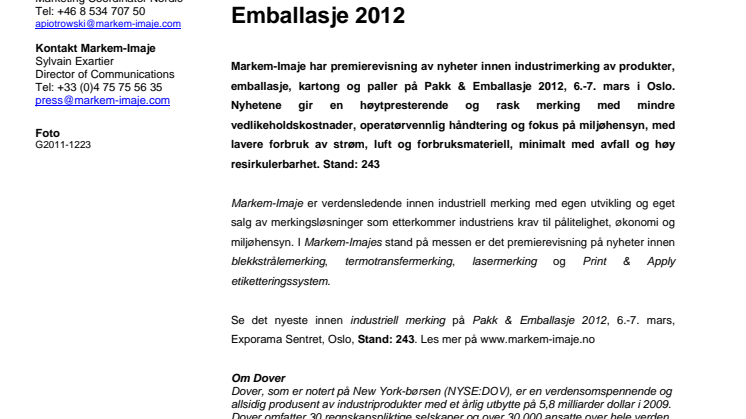 Ny, raskere, klimasmartere merking fra Markem-Imaje har premiere på Pakk & Emballasje 2012