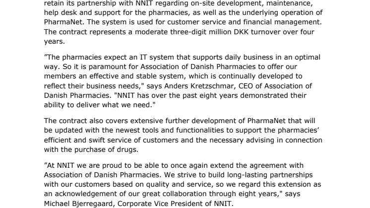 Association of Danish Pharmacies extends contract with NNIT for the operation and development of PharmaNet