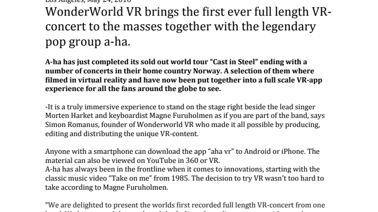 Pop band A-ha Takes on first ever full length virtual reality concert!