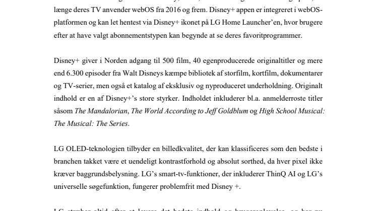DISNEY+ ER NU TILGÆNGELIG PÅ ALLE KOMPATIBLE LG FJERNSYN I NORDEN