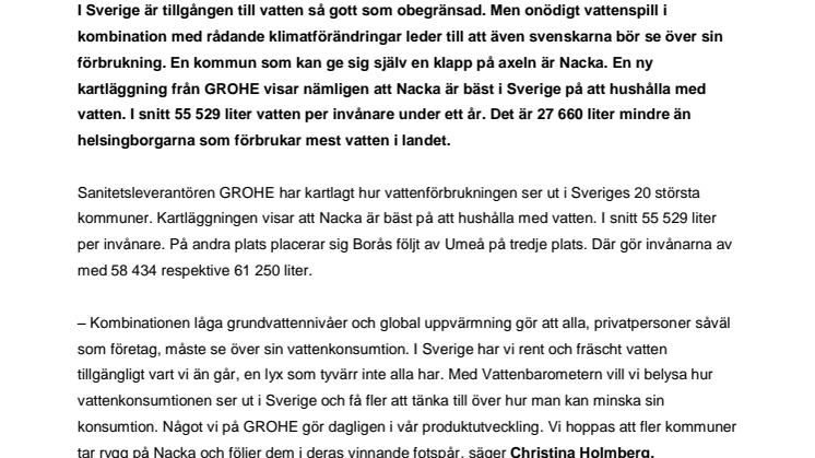 GROHEs Vattenbarometer: Nacka bäst på att hushålla med vatten 