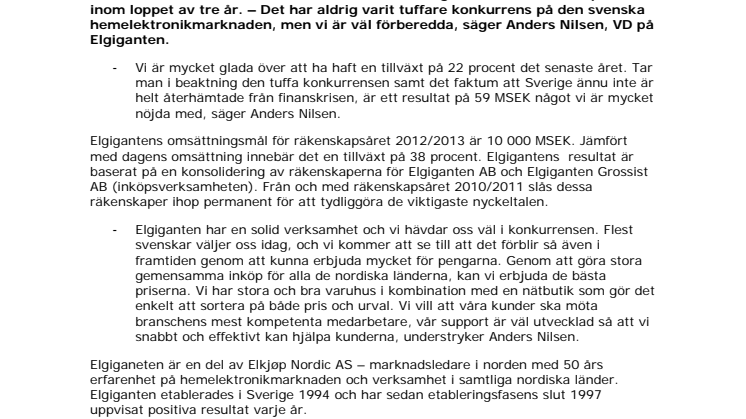 Elgiganten ska växa med 40 procent på tre år -	22 procent tillväxt det senaste året