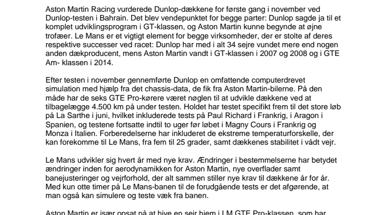 Aston Martin og Dunlop indgår nyt GT-partnerskab til 24-timers Le Mans