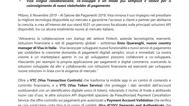 Salone dei Pagamenti, Visa punta sulle soluzioni API per soddisfare la crescente domanda  di pagamenti digitali semplici e sicuri 
