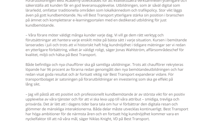 Best Transport lanserar utbildning  i kundbemötande