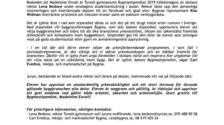 Elev vid Tyresö gymnasium belönades med Bygmastipendiet