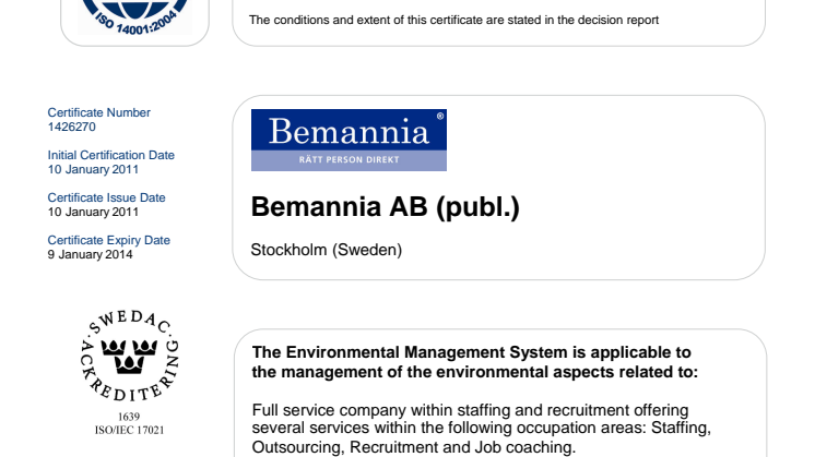 Certificate of Registration ISO 14001:2004 Bemannia AB