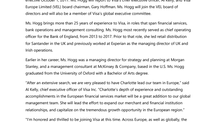 Visa Inc. Appoints Charlotte Hogg as Chief Executive Officer of the Company’s European Operations