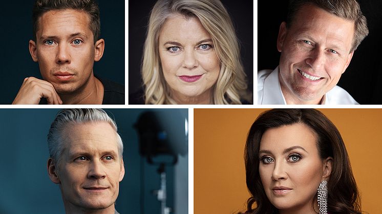 Överst från vänster: Pascal Engman, Carin Hjulström, David Baldacci, Henrik Fexeus, Camilla Läckberg. ​Foto: Alexander Donka, Gabriel Liljevall, Alexander James, Magnus Ragnvid.