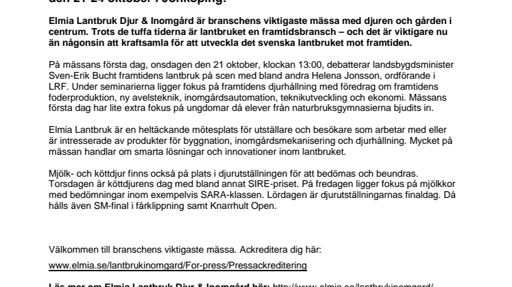 Pressinbjudan: Välkommen till Elmia Lantbruk Djur & Inomgård  den 21-24 oktober i Jönköping!