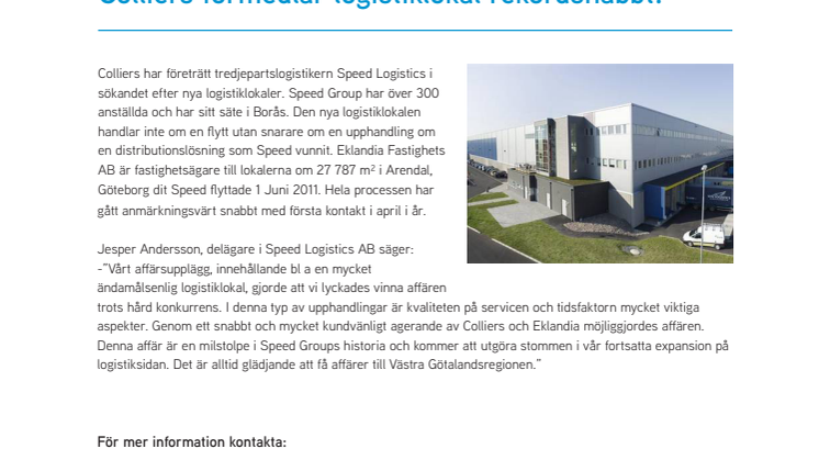 Colliers förmedlar logistiklokal rekordsnabbt