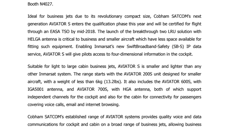 Cobham SATCOM: Cobham SATCOM  Highlights Versatile AVIATOR Range at NBAA