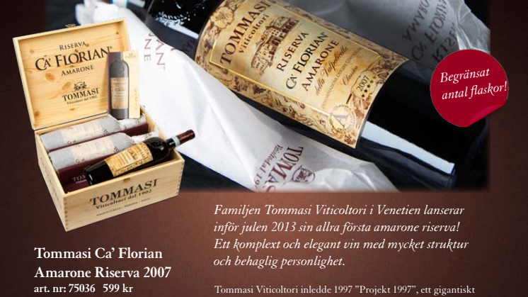 Tommasi Ca’ Florian Amarone Riserva - Nyhet i beställningssortimentet 1 nov