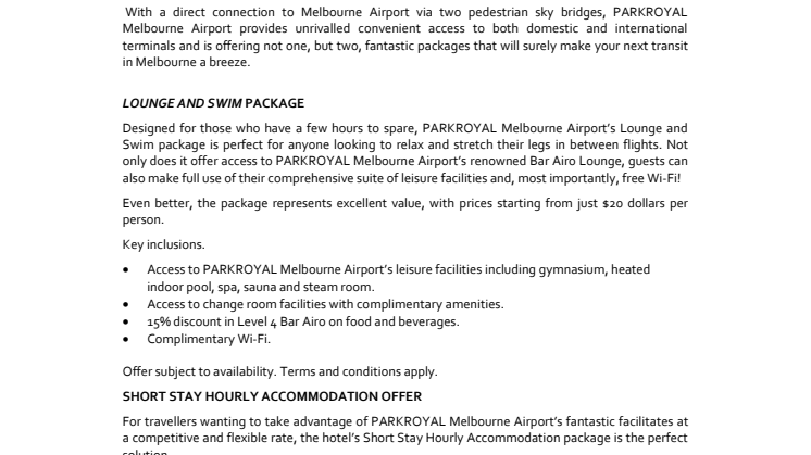 Transit Smart with PARKROYAL Melbourne Airport Packages
