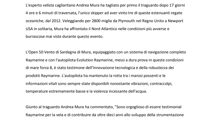 Raymarine: Andrea Mura trionfa alla OSTAR