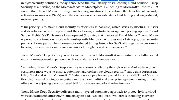 Trend Micro Deep Security nu tillgänglig på Microsoft Azure Marketplace 