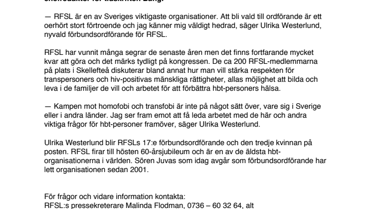 Ulrika Westerlund ny förbundsordförande i RFSL