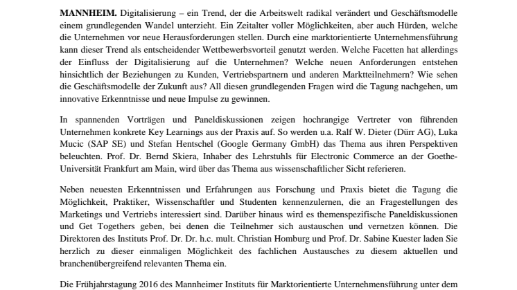 Frühjahrstagung 2016: Marktorientierte Unternehmensführung im Zeitalter der Digitalisierung