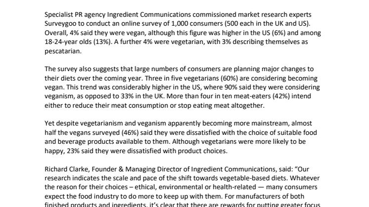 PRESS RELEASE: Vegetarian and vegan consumers unhappy with lack of product options