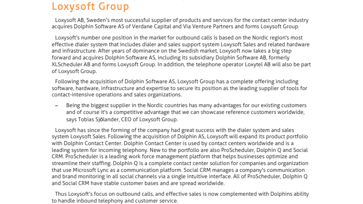 Loxysoft AB acquires Dolphin AS and forms Loxysoft Group