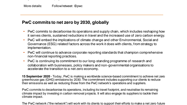 PwC commits to net zero by 2030, globally