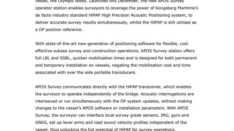 Kongsberg Maritime: New KONGSBERG Acoustic Positioning Operator Station for Surveyors Installed on Bibby Offshore Vessel