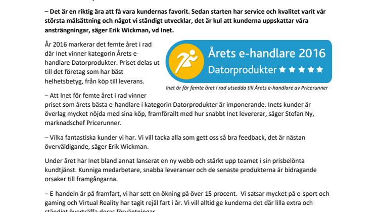 Fem år i rad!  – Inet vinner Årets e-handlare