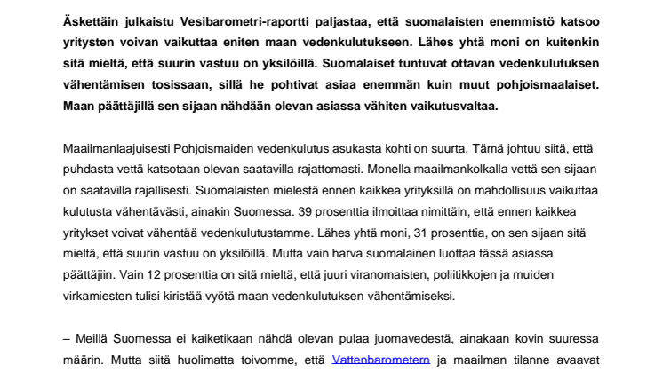 Näin Suomen vedenkulutusta voisi suomalaisten mielestä vähentää 