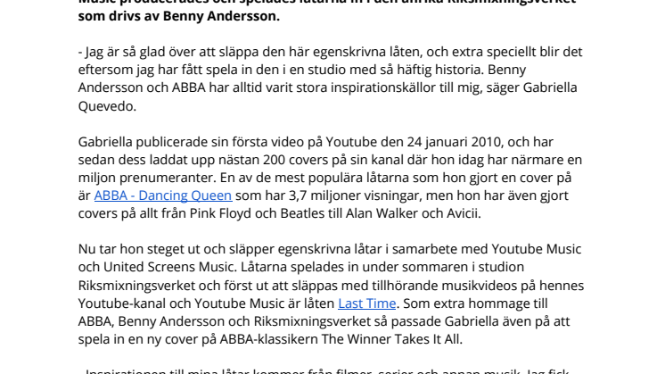 Youtube-gitarristen Gabriella Quevedo släpper sina första egna låtar producerade i Benny Anderssons anrika studio Riksmixningsverket